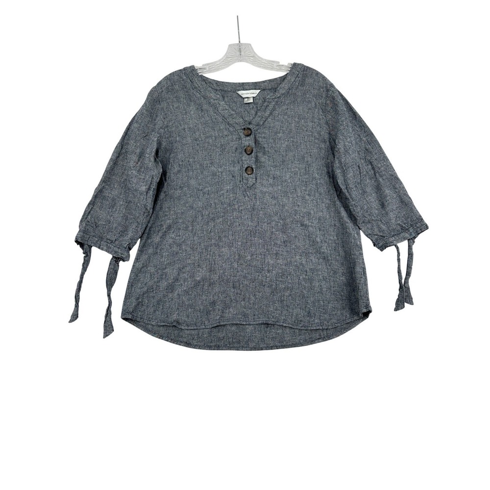 Christopher & Banks Blue Linen Blend Henley Tie Sleeve Top Coastal Grandmother L